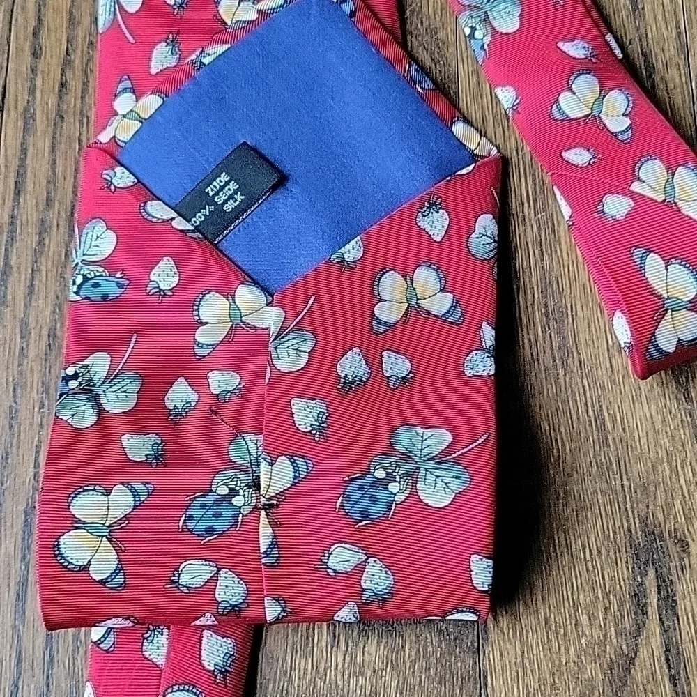 Leidenfalter 100% Silk Repp Berry Lady Bug Clover Blue Red Unisex Necktie Vintag